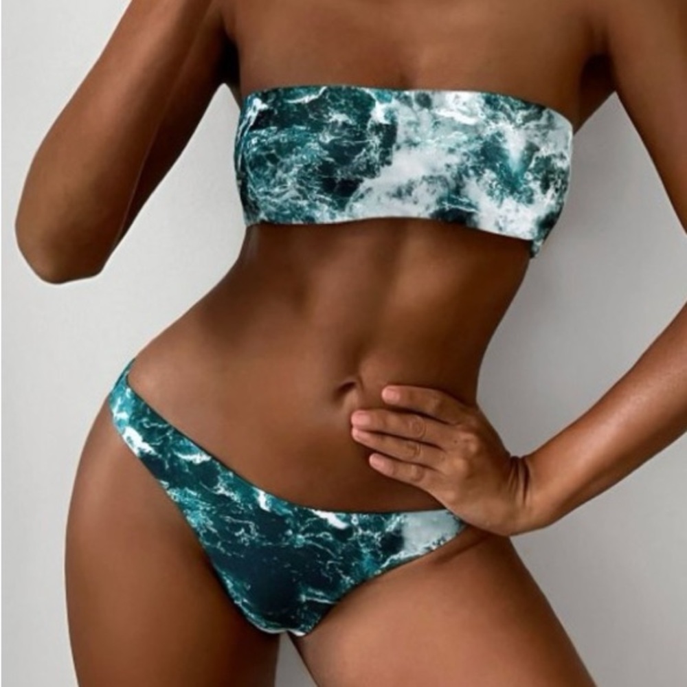 Zaful Ocean Wave Bandeau Bikini - Teal & White